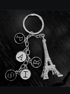 Paris Eiffel Tower Charm Keychain in Silver with Black & White Letter Discs